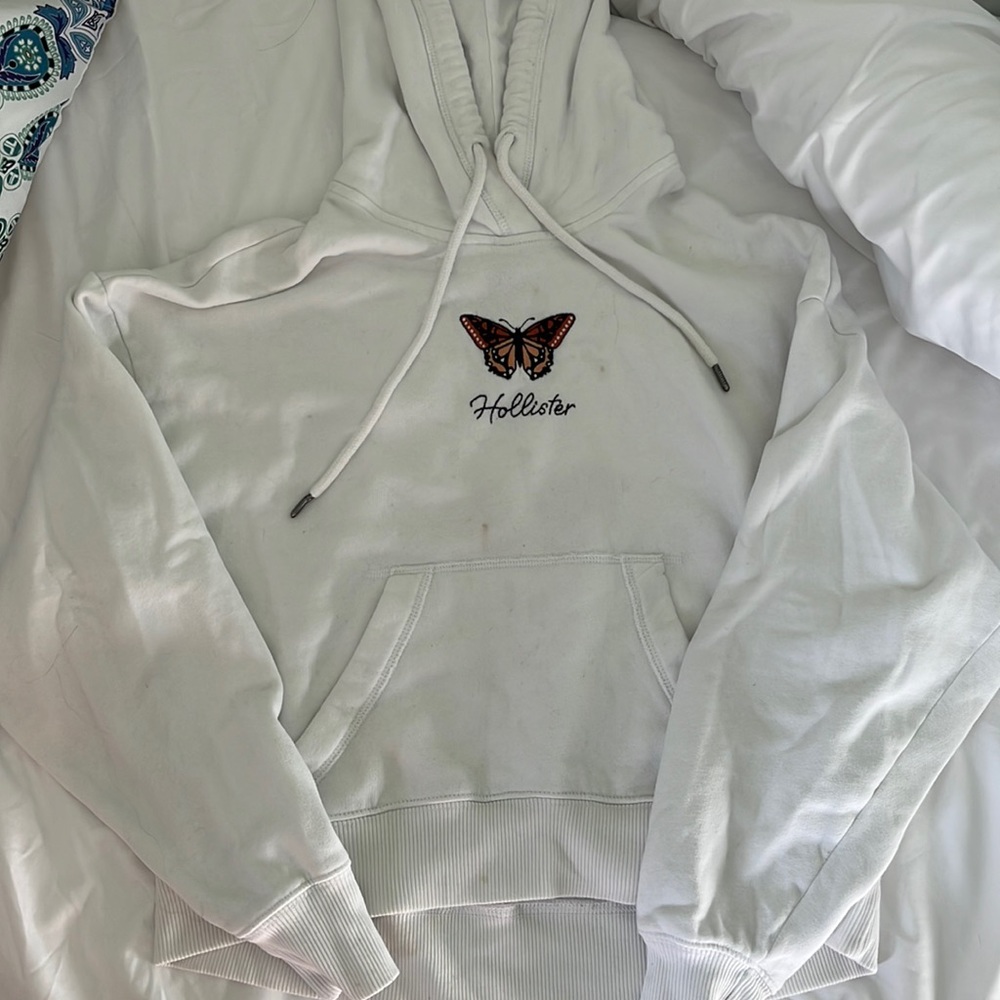 White Hollister hoodie with pink butterfly. SizeS